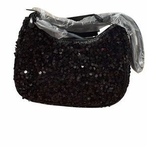 Nicole Miller Shoulder Bag Black Sequin Faux Leather NWT Evening Purse Handbag
